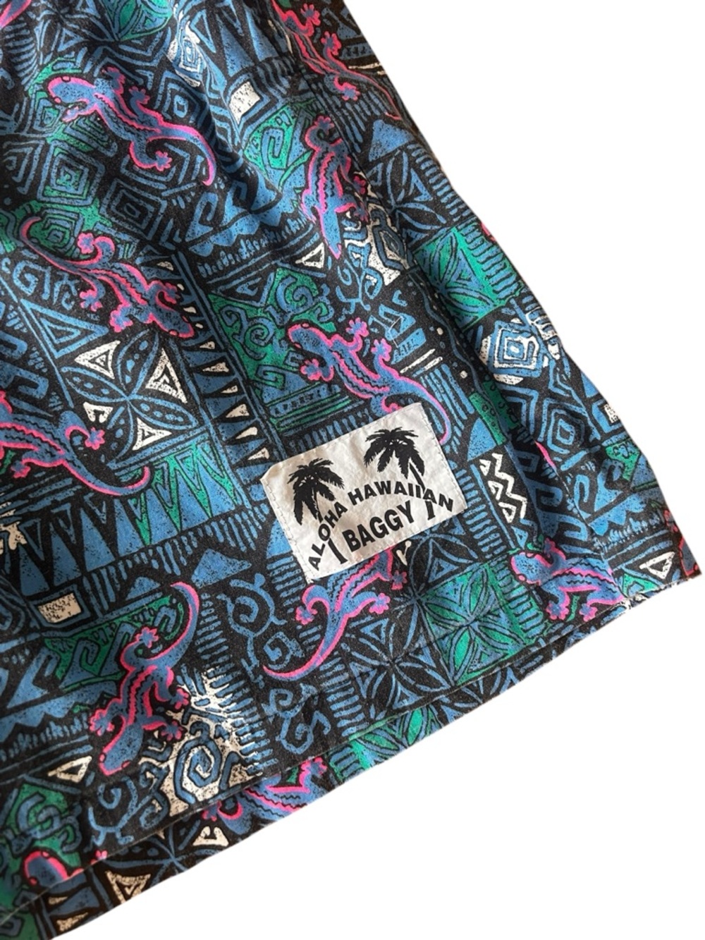 VTG 90'S BLACK BLUE ALOHA HAWAIIAN BAGGY SHORTS GRAPHIC TIKI GECKO PRINT Small - Picture 4 of 7
